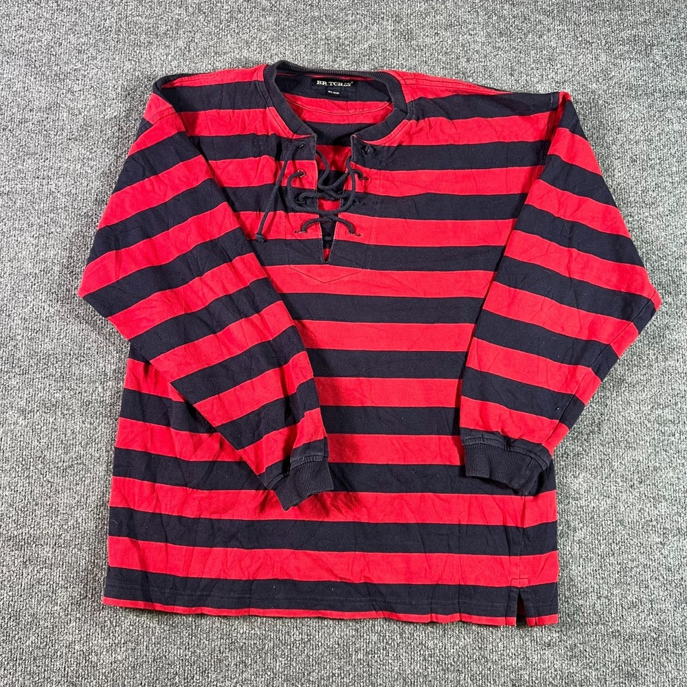 Vintage Britches Rugby T-Shirt Mens Medium Red Blue Striped Lace Up Neck Outdoor